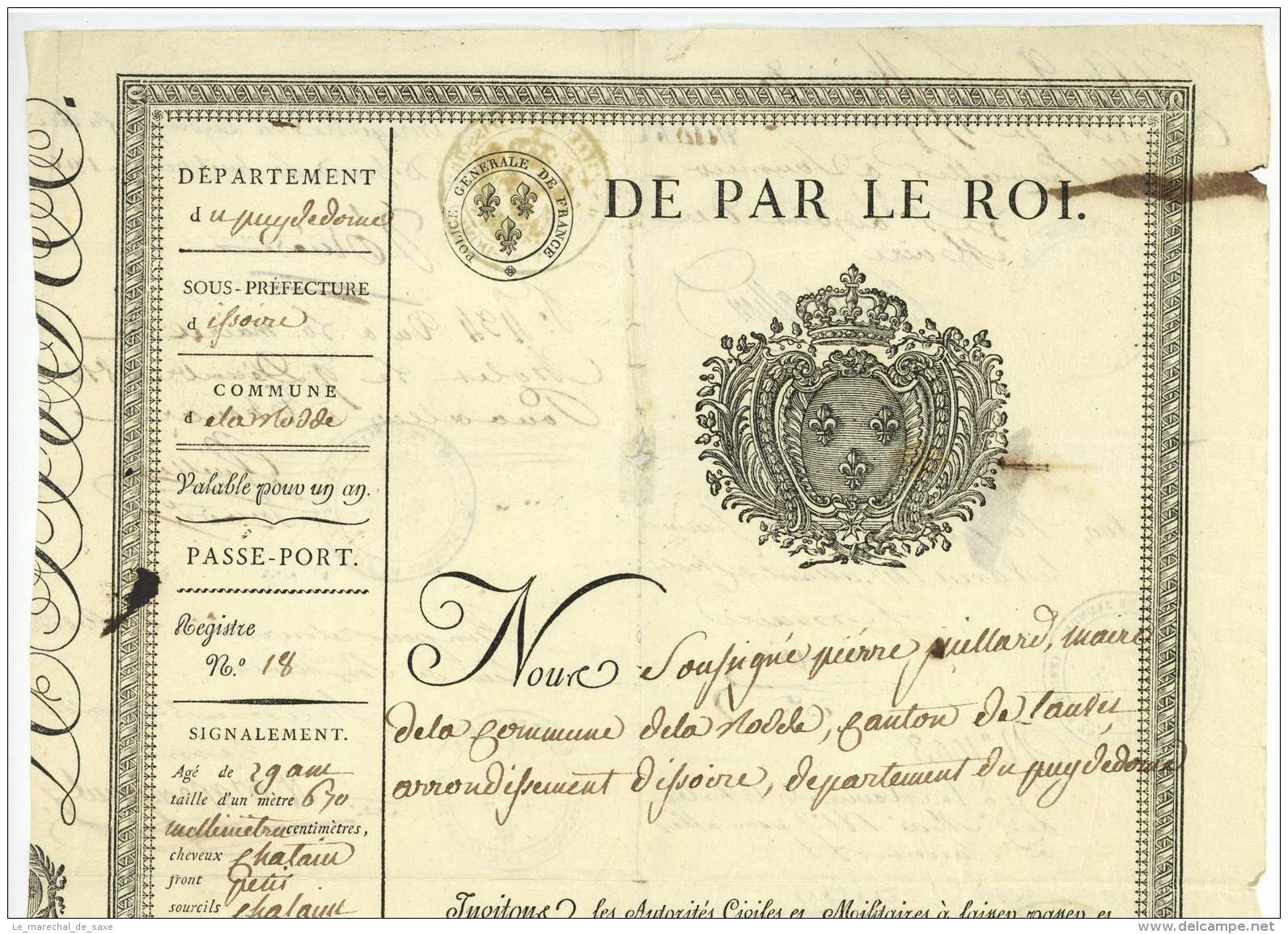 PASSEPORT &ndash; DEPT. DU PUY-DE-DOME &ndash; 1816 LA RODDE Cholet Issoire Saumur Juillard Issoire - Documents Historiques