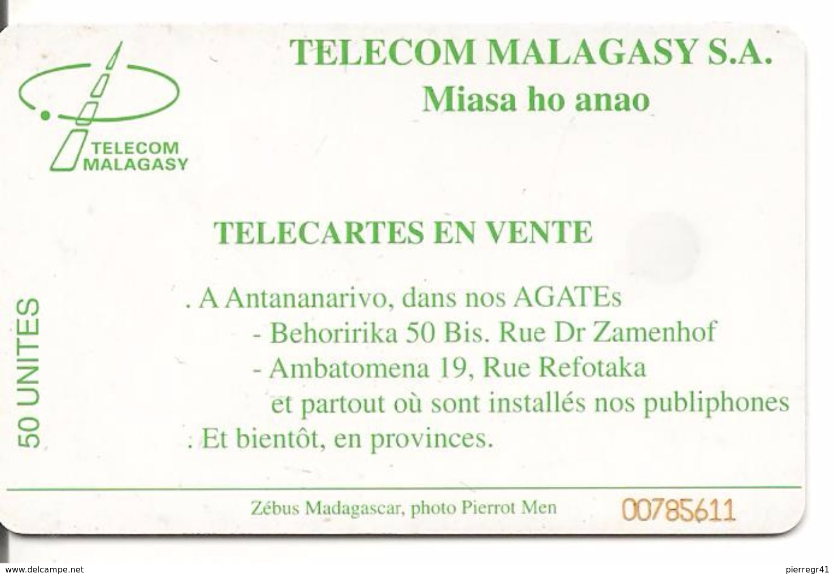 CARTE PUCE-50U--SC7-MADAGACAR-ZEBUS-V° MIASA HO ANAO- Gros N° Rge 00785611 En Bas A Droite-TBE - Madagascar
