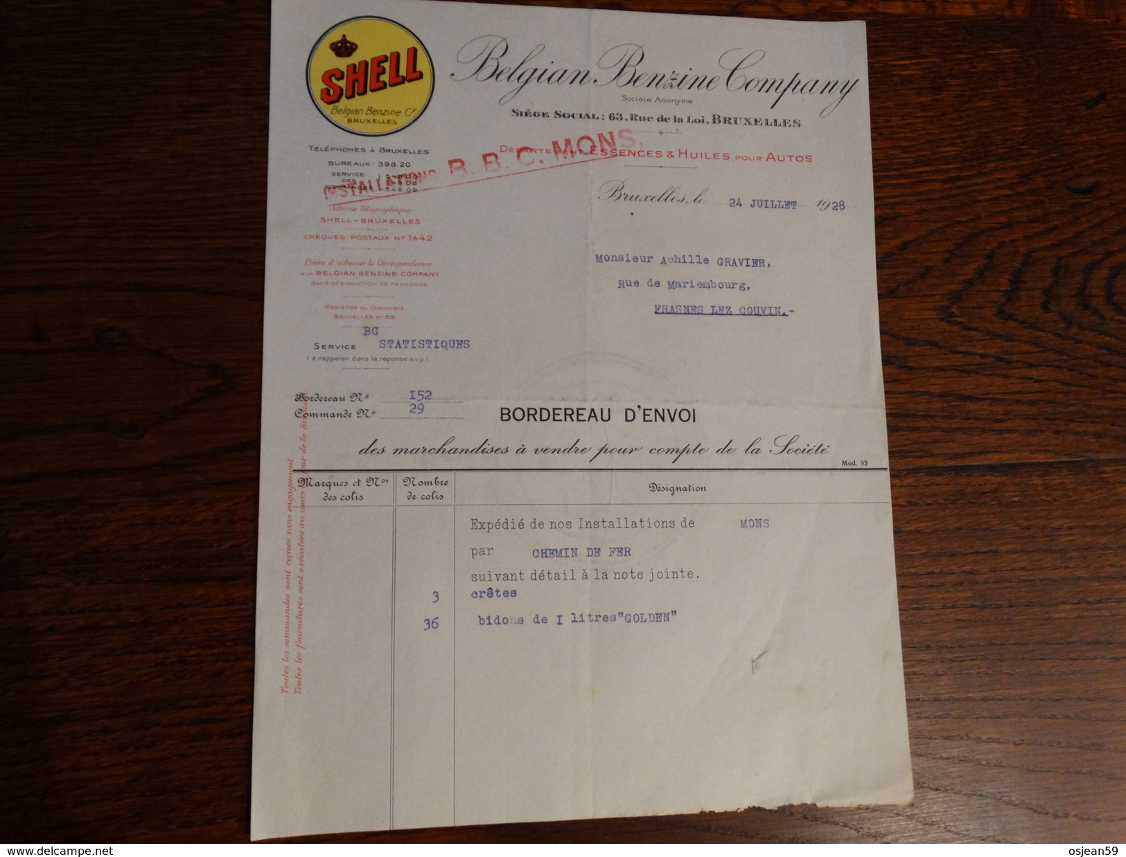 SHELL-Belgian Benzine Company Bordereau D'envoi    Du 24/07/1928 - Automobilismo