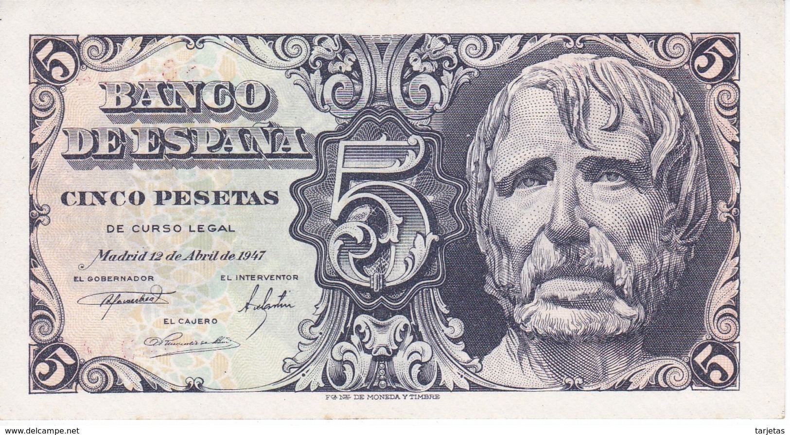 BILLETE DE 5 PTAS DEL AÑO 1947 DE SENECA SIN SERIE Y  SIN CIRCULAR - UNCIRCULATED   (BANKNOTE) - 5 Pesetas