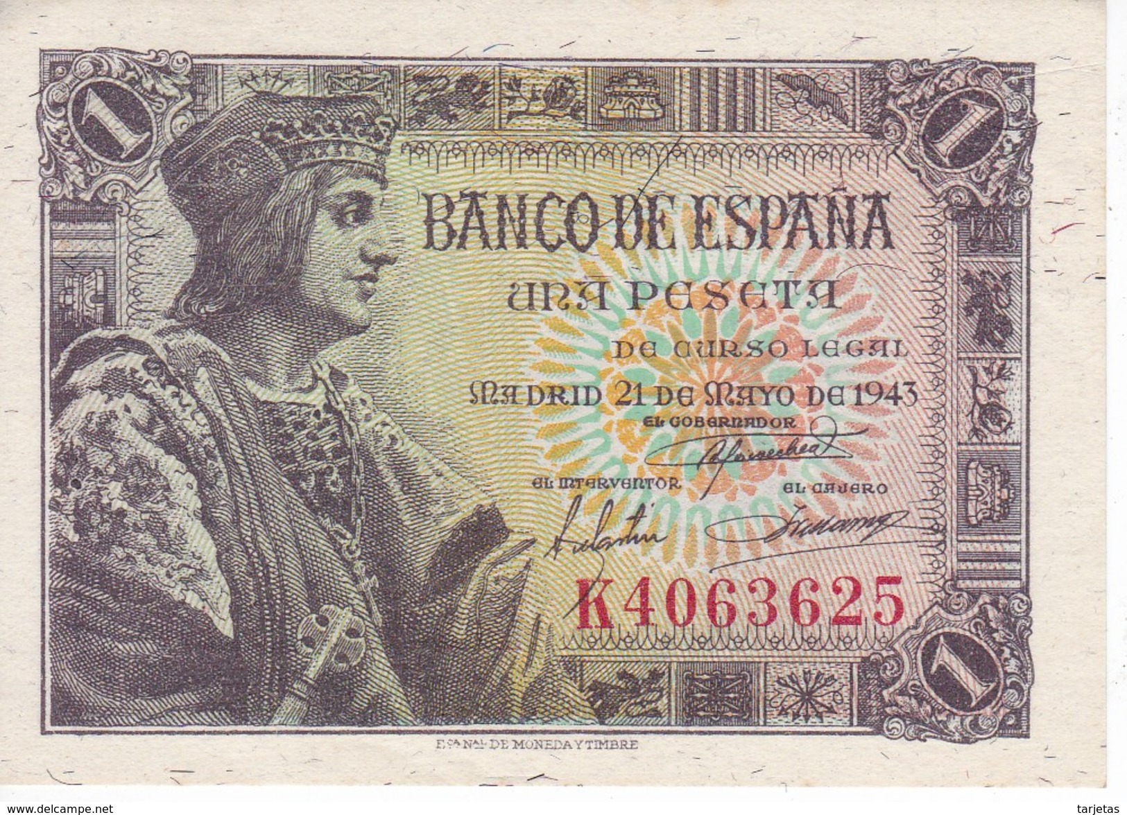 BILLETE DE ESPAÑA DE 1 PTA  DEL AÑO 1943 SERIE K SIN CIRCULAR (UNCIRCULATED) - 1-2 Pesetas