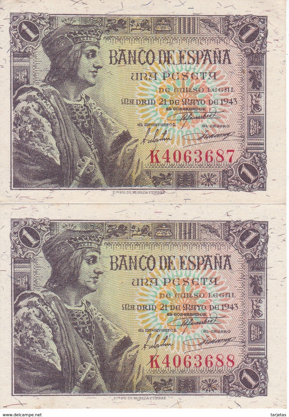 PAREJA CORRELATIVA DE 1 PTA  DEL AÑO 1943 SERIE K SIN CIRCULAR (UNCIRCULATED) - 1-2 Pesetas