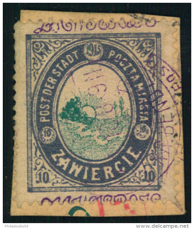 1916, ZAWIERCIE: 10 Fen Stadtpostmarke Mit Schwarzem Aufdruck Auf Briefstück - Philatelic Exhibitions