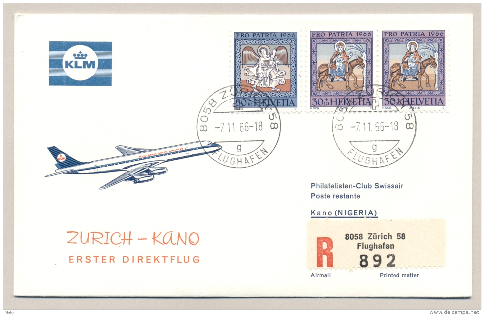 Nederland - 1966 - KLM-vlucht Zurich - Kano (Nigeria) - R-cover Met Zwitserse Zegels (3x Pro Patria) - Brieven En Documenten