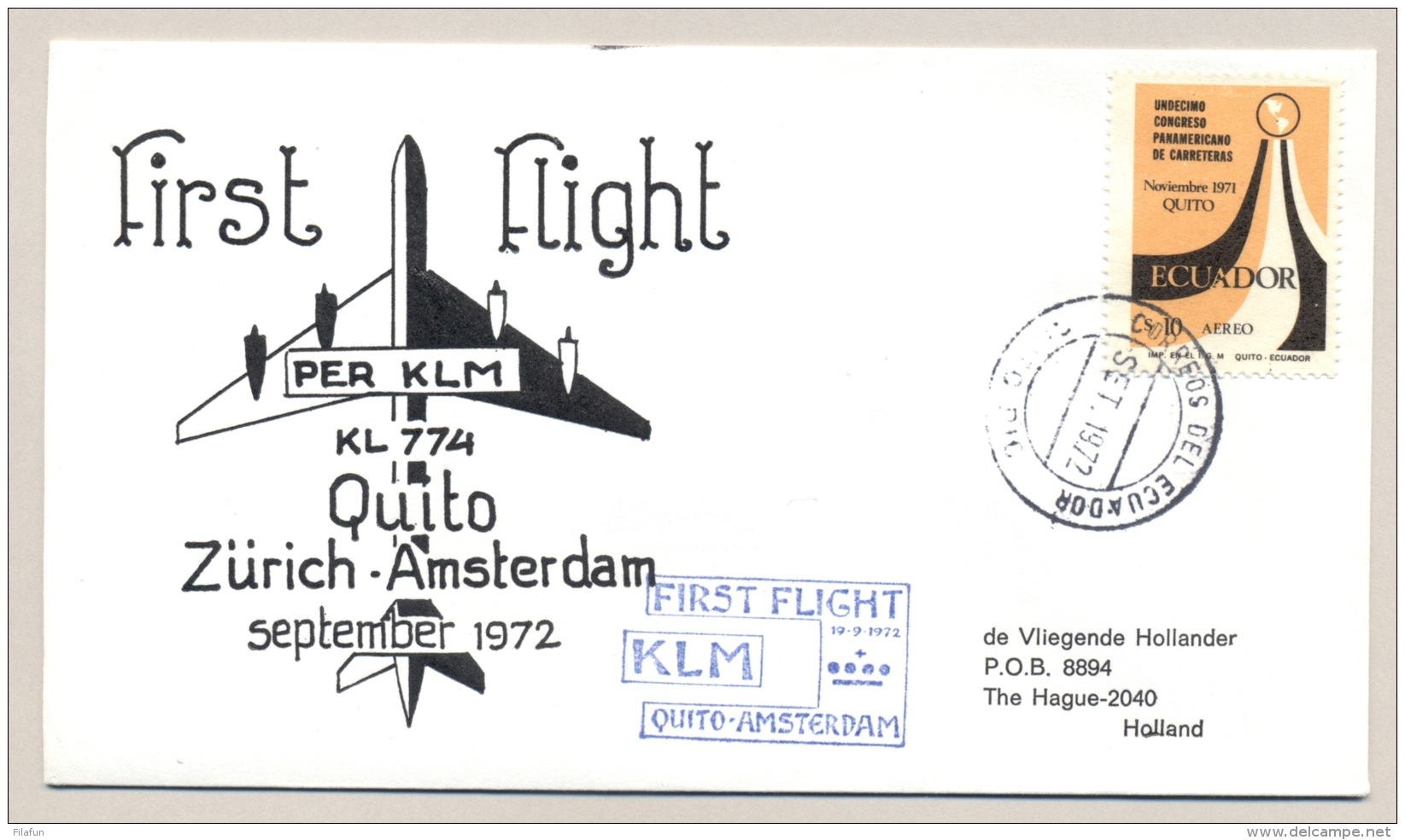 Equador / Nederland - 1972 - KLM First Flight Quito - Amsterdam - Ecuador