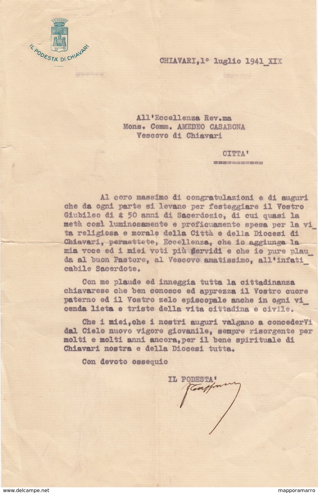 CHIAVARI --LETTERA DEL PODESTA DI CHIAVARI AL VESCOVO DI CHIAVARI -- 1941- - Documents Historiques