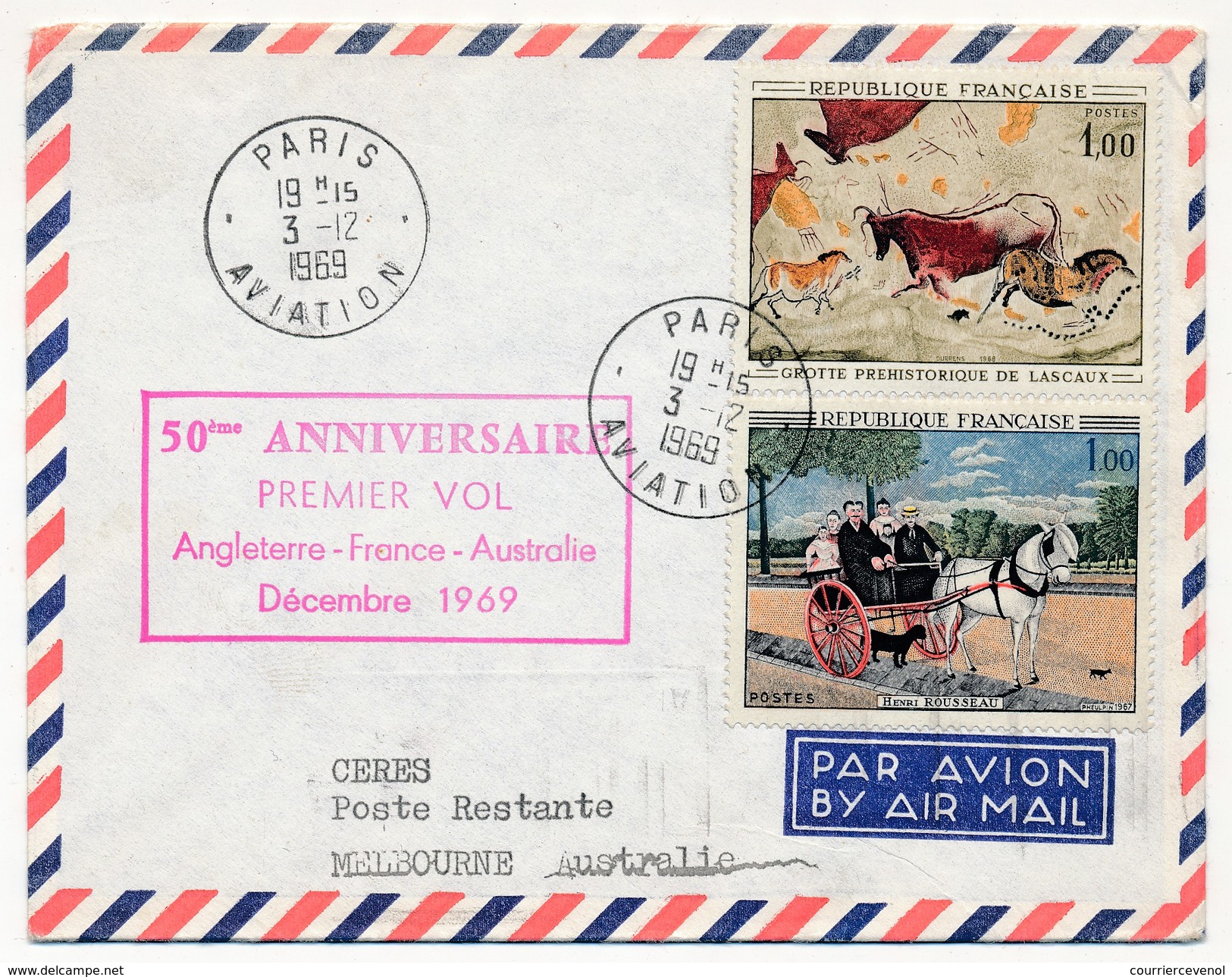 FRANCE - Enveloppe - 50ème Anniversaire Premier Vol Angleterre France Australie - Décembre 1969 - Premiers Vols