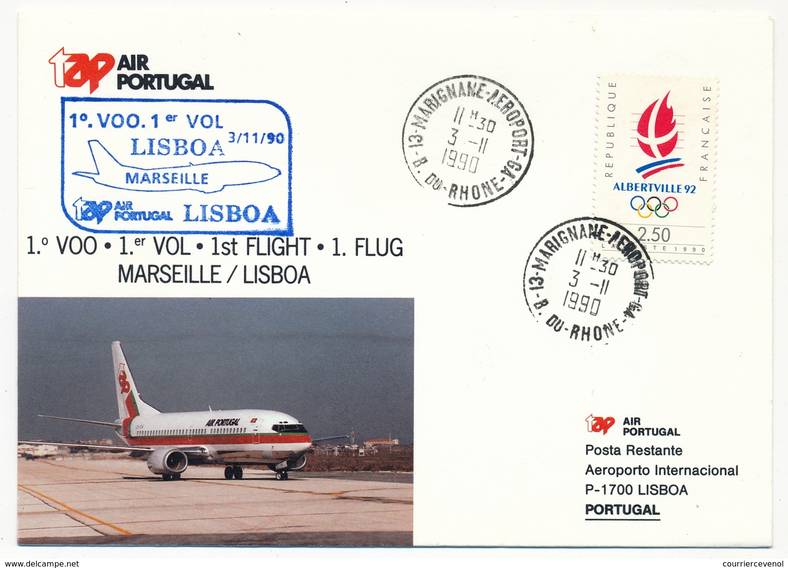 FRANCE - 2 Enveloppes 1er Vol Marseille => Lisbonne Et Retour - Air Portugal - 3/11/1990 Marignane Aéroport - First Flight Covers