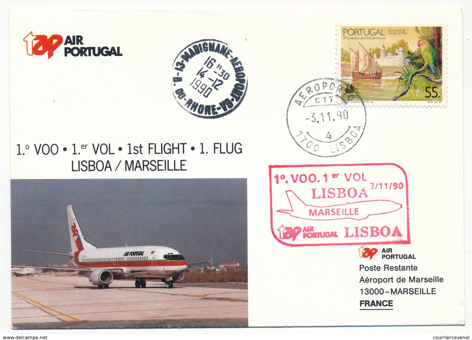 FRANCE - 2 Enveloppes 1er Vol Marseille => Lisbonne Et Retour - Air Portugal - 3/11/1990 Marignane Aéroport - First Flight Covers