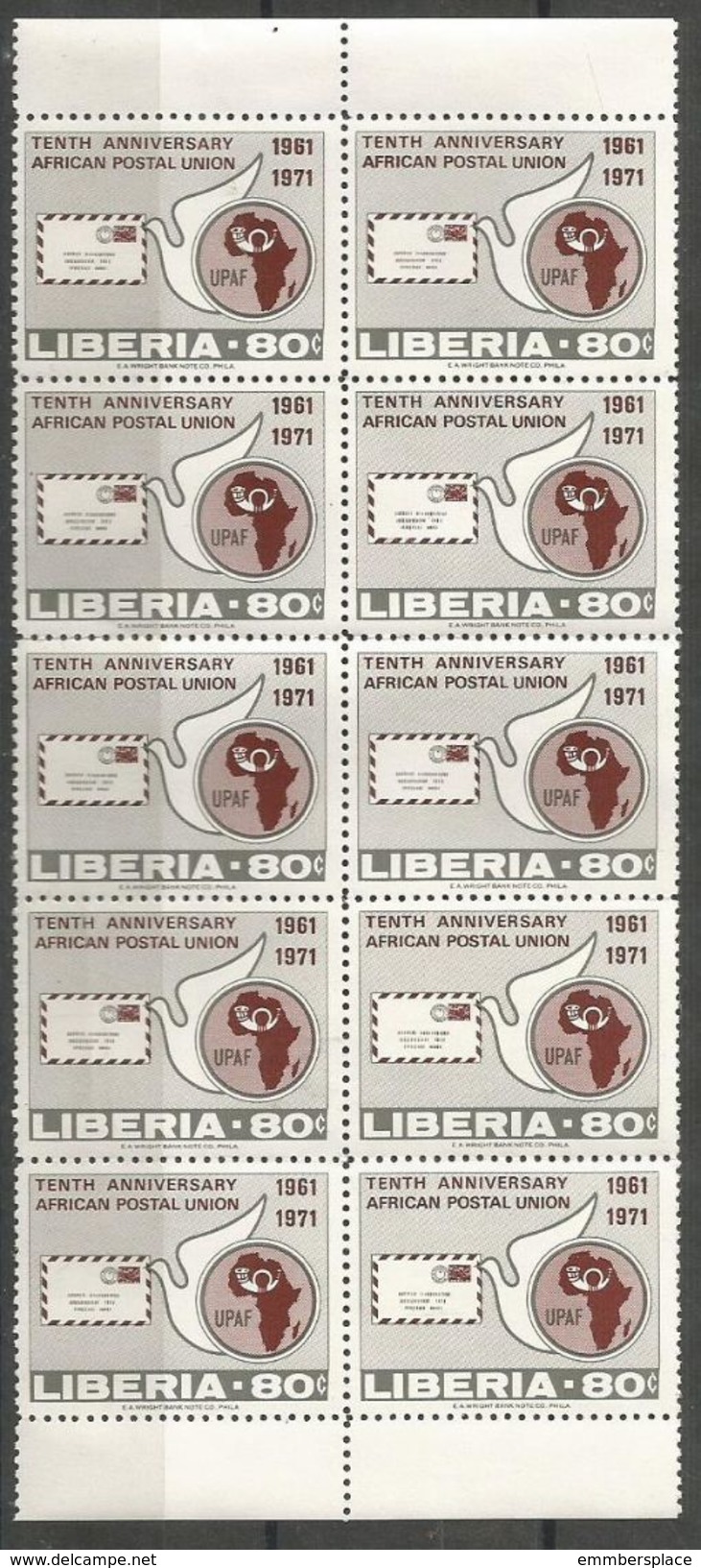 Liberia - 1971 African Postal Union 80c Block Of 10  MNH **       Sc 584 - Liberia