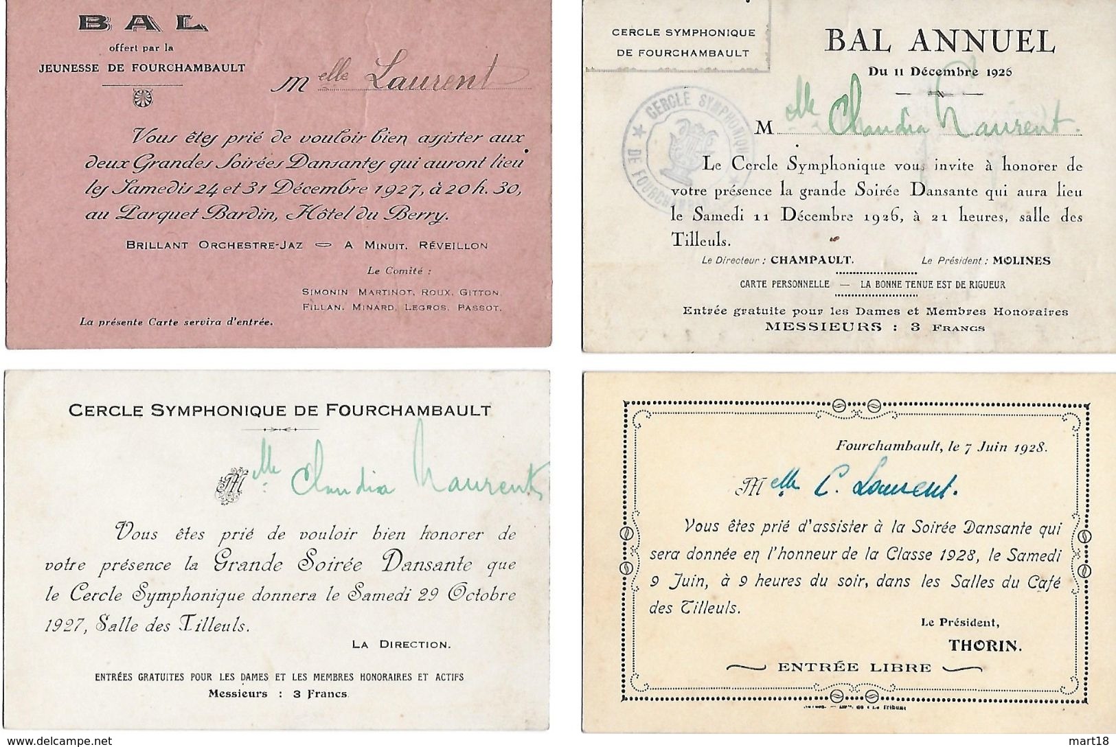 Carte D' Invitation De Bal - FOURCHAMBAULT ( 58 Nièvre ) Années 1920 - 4 Unités - Autres & Non Classés