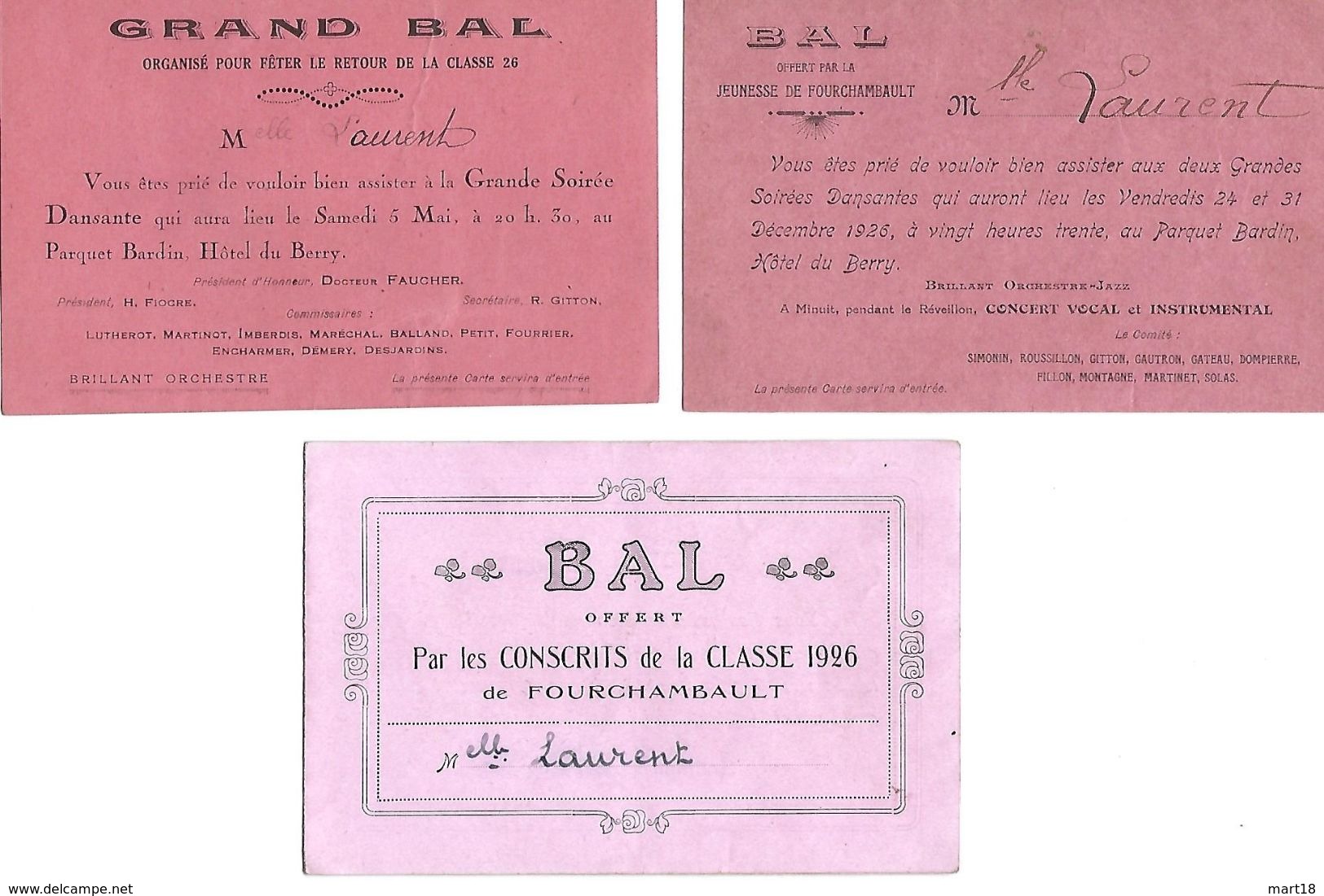 Carte D' Invitation De Bal - FOURCHAMBAULT ( 58 Nièvre ) Années 1920 - 3 Unités - Autres & Non Classés