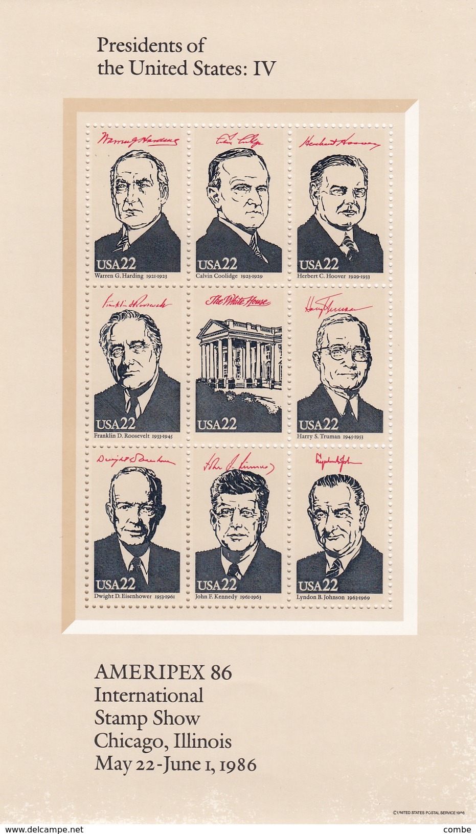 USA. BLOC AMERIPEX 86.  INTERNATIONAL STAMPS SHOW CHICAGO. PRESIDENTS OF THE UNITED STARES N°IV . HARDING/JOHNSON - Hojas Bloque