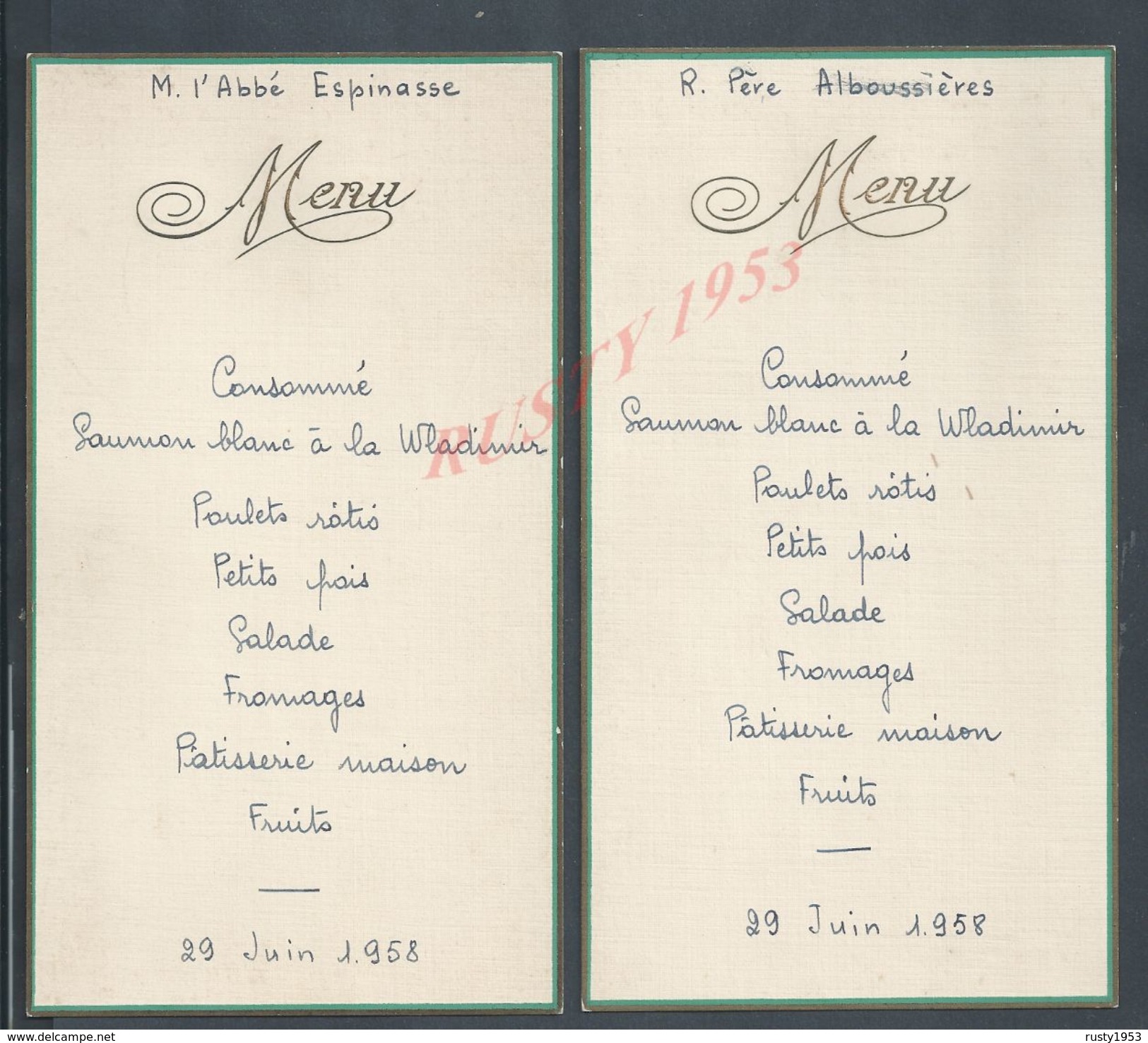 LOT ANCIEN MENU DE 1958 M. L ABBÉ ESPINAGE + R. PERE ALBOUSSIERES : - Menus