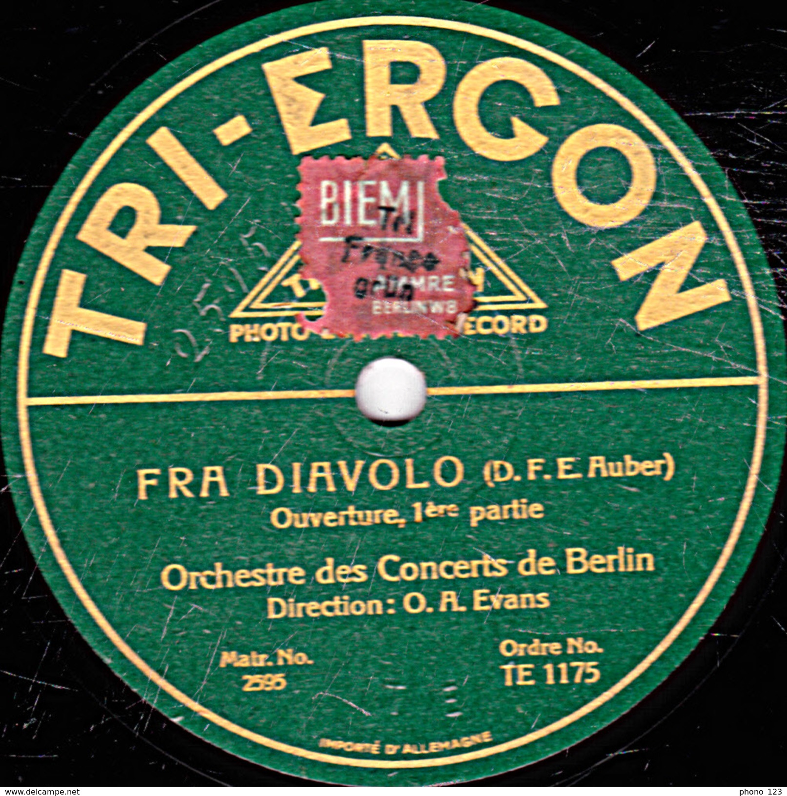 78 T - 30 Cm. - état TB - Orchestre Des Concerts De Berlin - FRA DIAVOLO  1re Et 2e Parties - 78 T - Disques Pour Gramophone