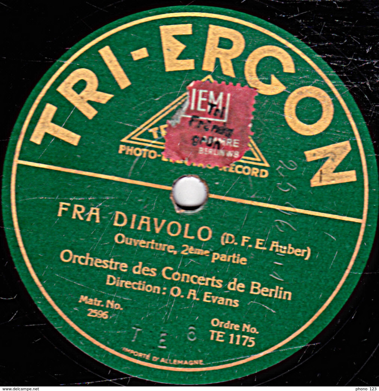 78 T - 30 Cm. - état TB - Orchestre Des Concerts De Berlin - FRA DIAVOLO  1re Et 2e Parties - 78 T - Disques Pour Gramophone