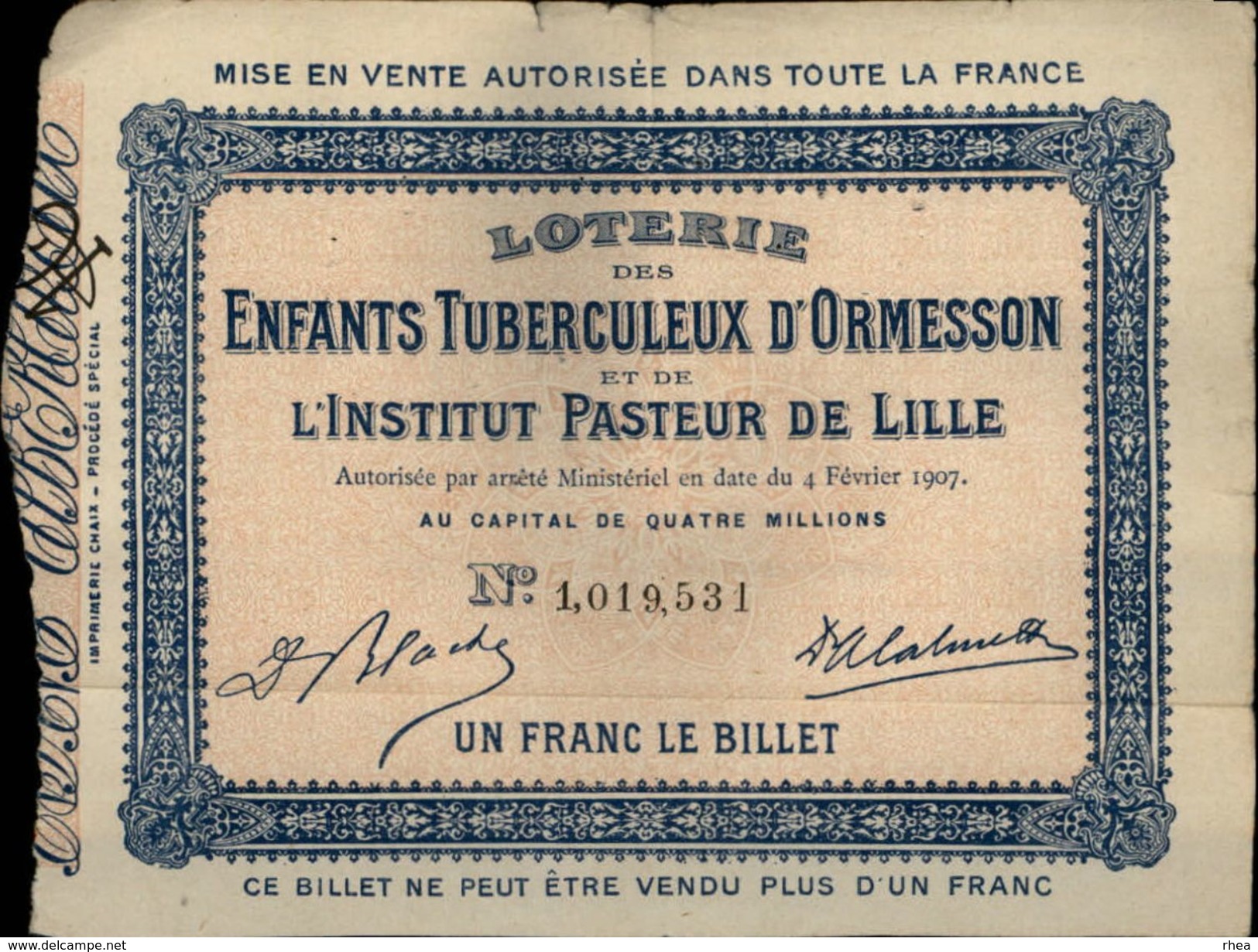 SANTE - Billet De Loterie Des Enfants Tuberculeux D'ORMESSON - Institut Pasteur De LILLE - Billetes De Lotería