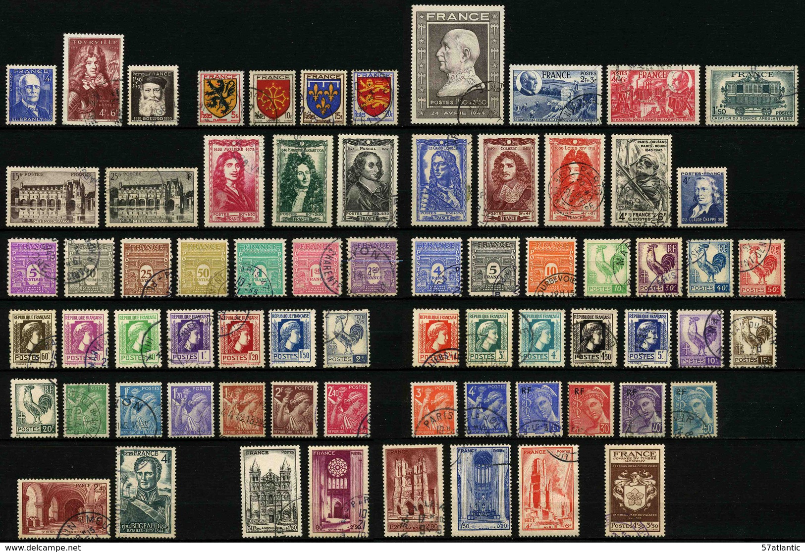 FRANCE - ANNEE COMPLETE 1944 - YT 599 à 668 - 70 TIMBRES OBLITERES - 1940-1949