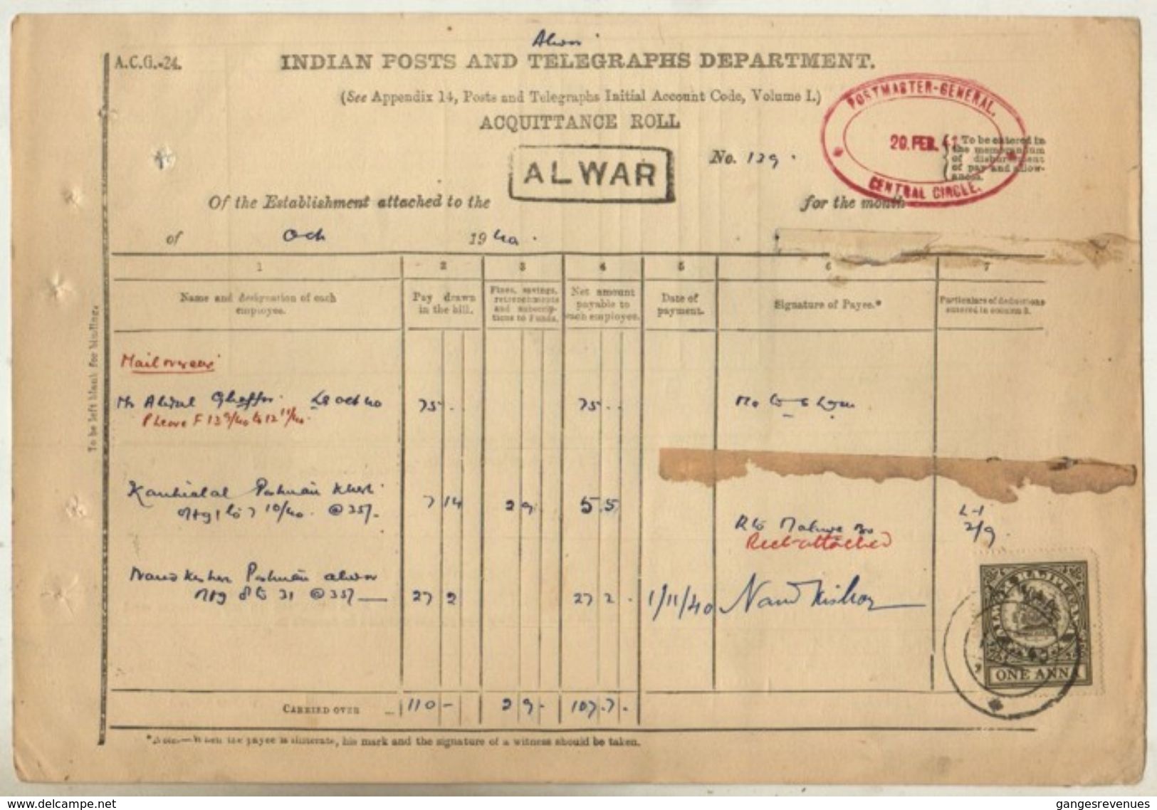 ALWAR  State  1A  Chocolate Postally Used  Revenue Type 34  On Acquittance Roll  #  97194  Inde Indien  Fiscaux India - Alwar