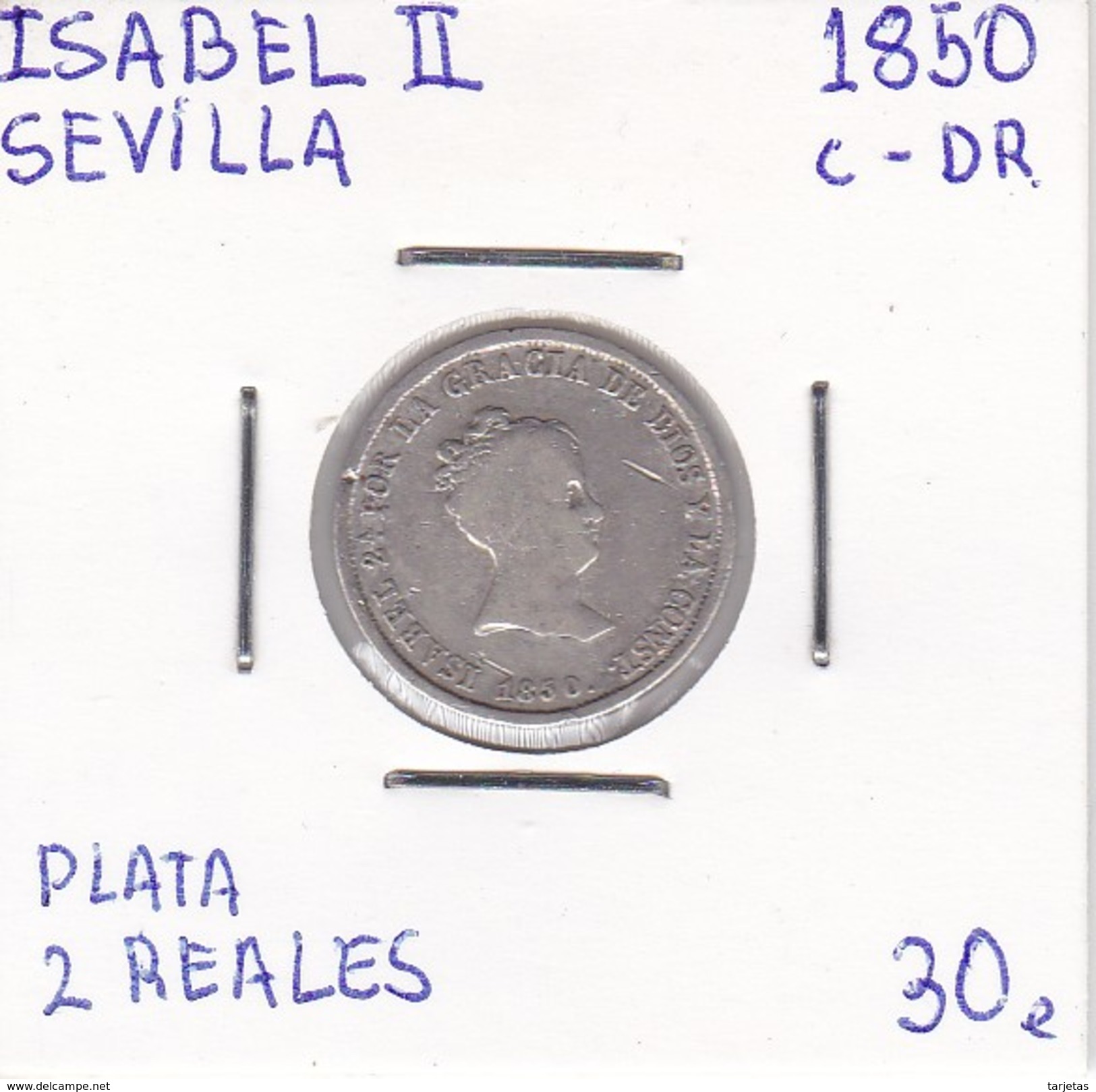 MONEDA DE ESPAÑA DE ISABEL II DEL AÑO 1850 DE 2 REALES DE PLATA (COIN) SEVILLA - Otros & Sin Clasificación