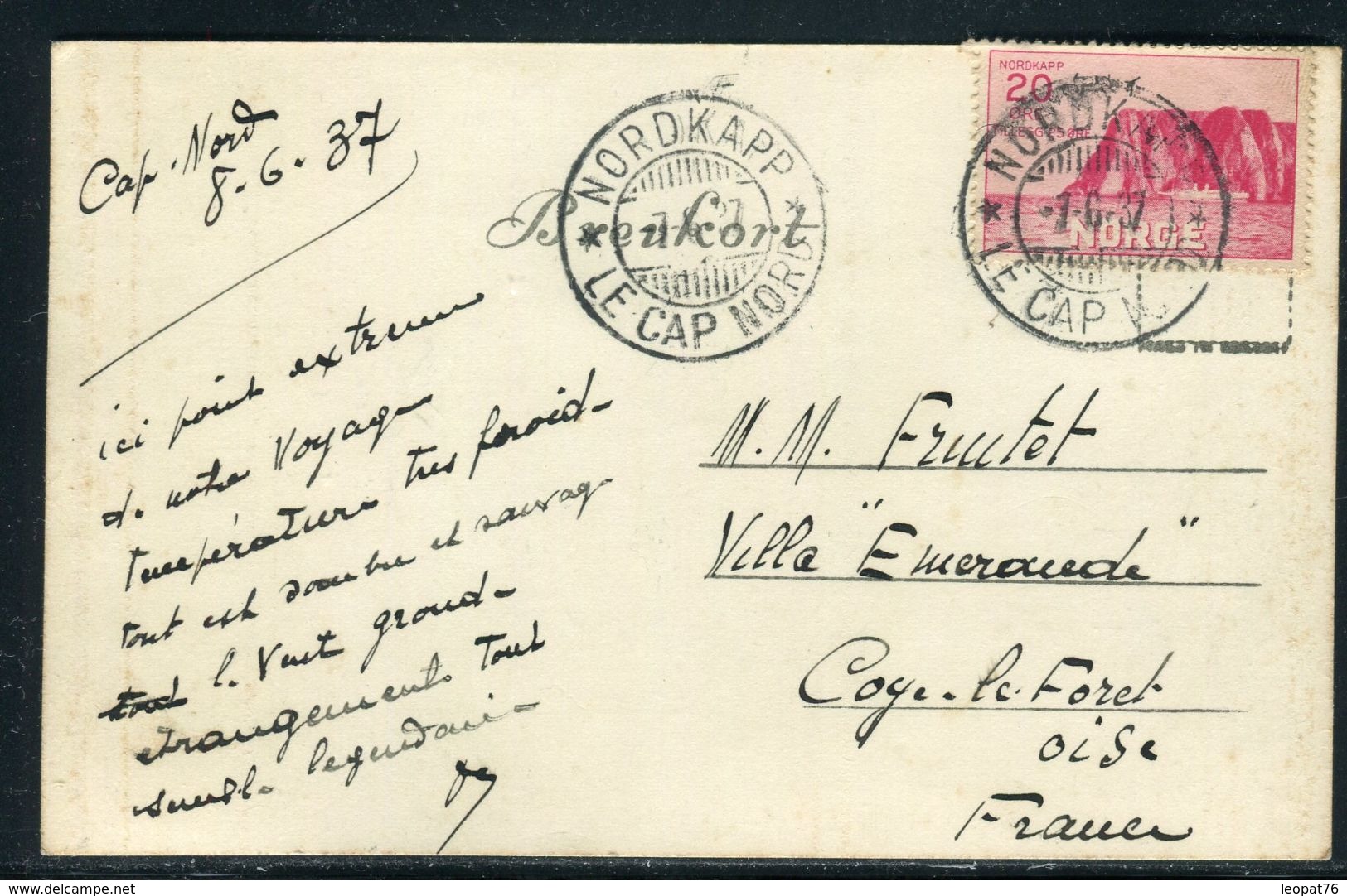 Norvège - Oblitération Et Carte Postale Du Cap Nord En 1937 Pour La France - Ref JJ 107 - Covers & Documents