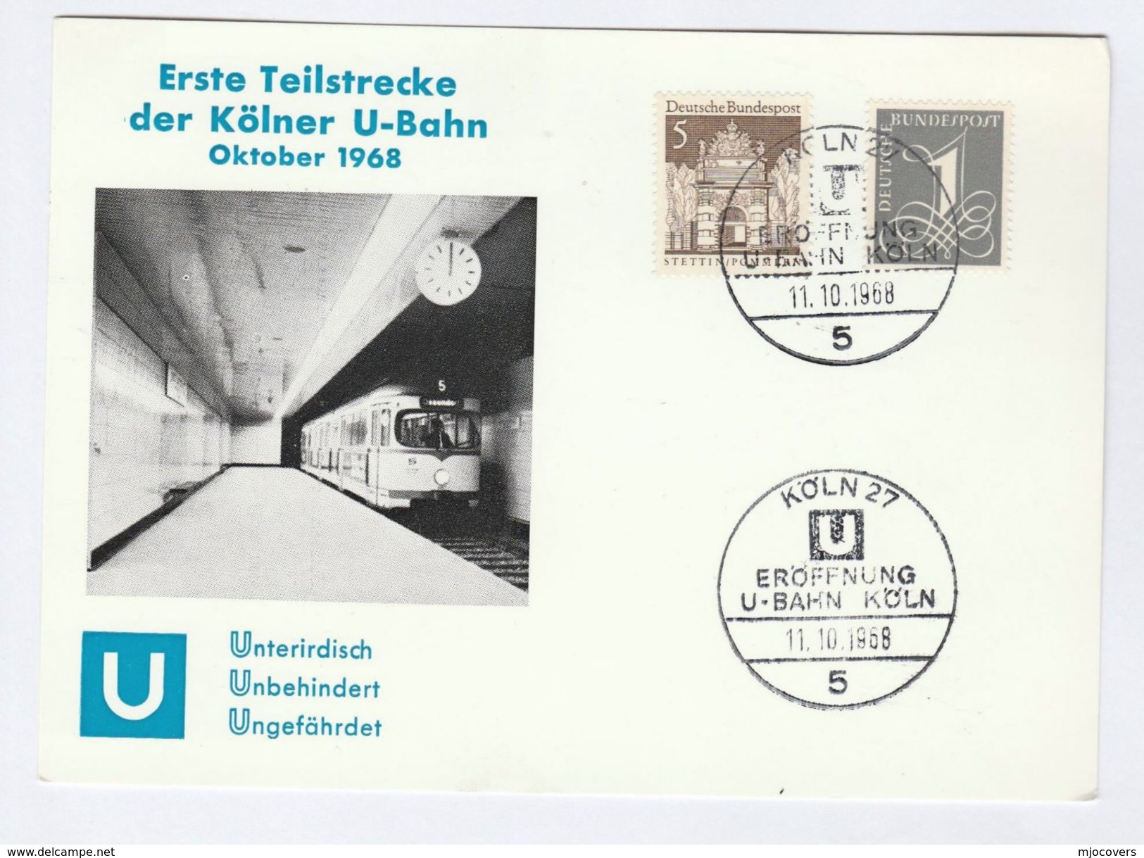 UNDERGROUND RAILWAY Train EVENT COVER (card) Germany Koln Subway Station Clock , Stamps - Trains