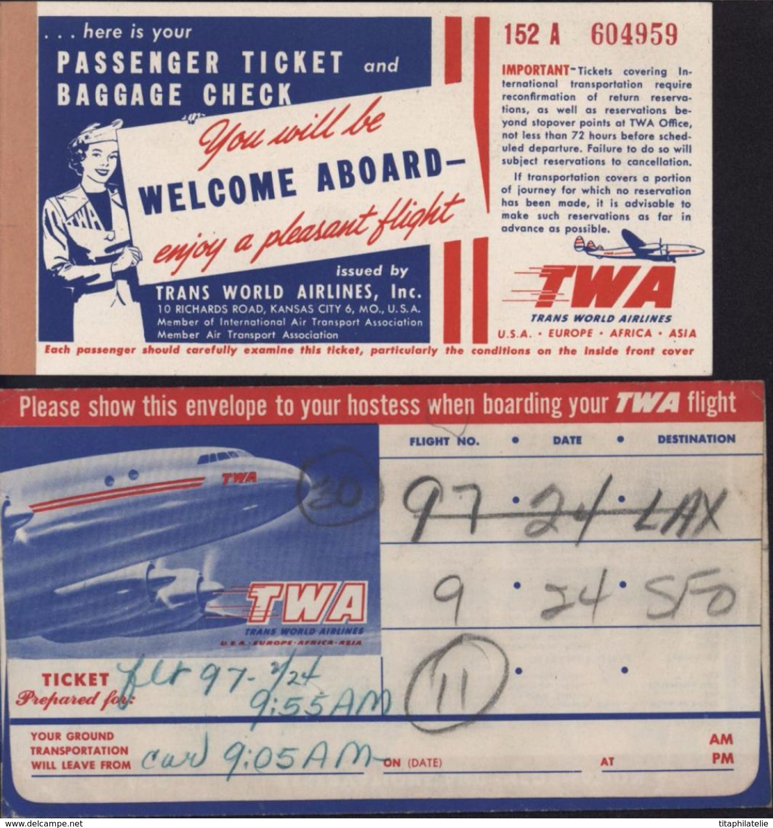Billet Avion Embarquement Etats-Unis Pittsburg Oakland Via San Francisco Trans World Airlines TWA Flight + Pochette 1951 - Monde