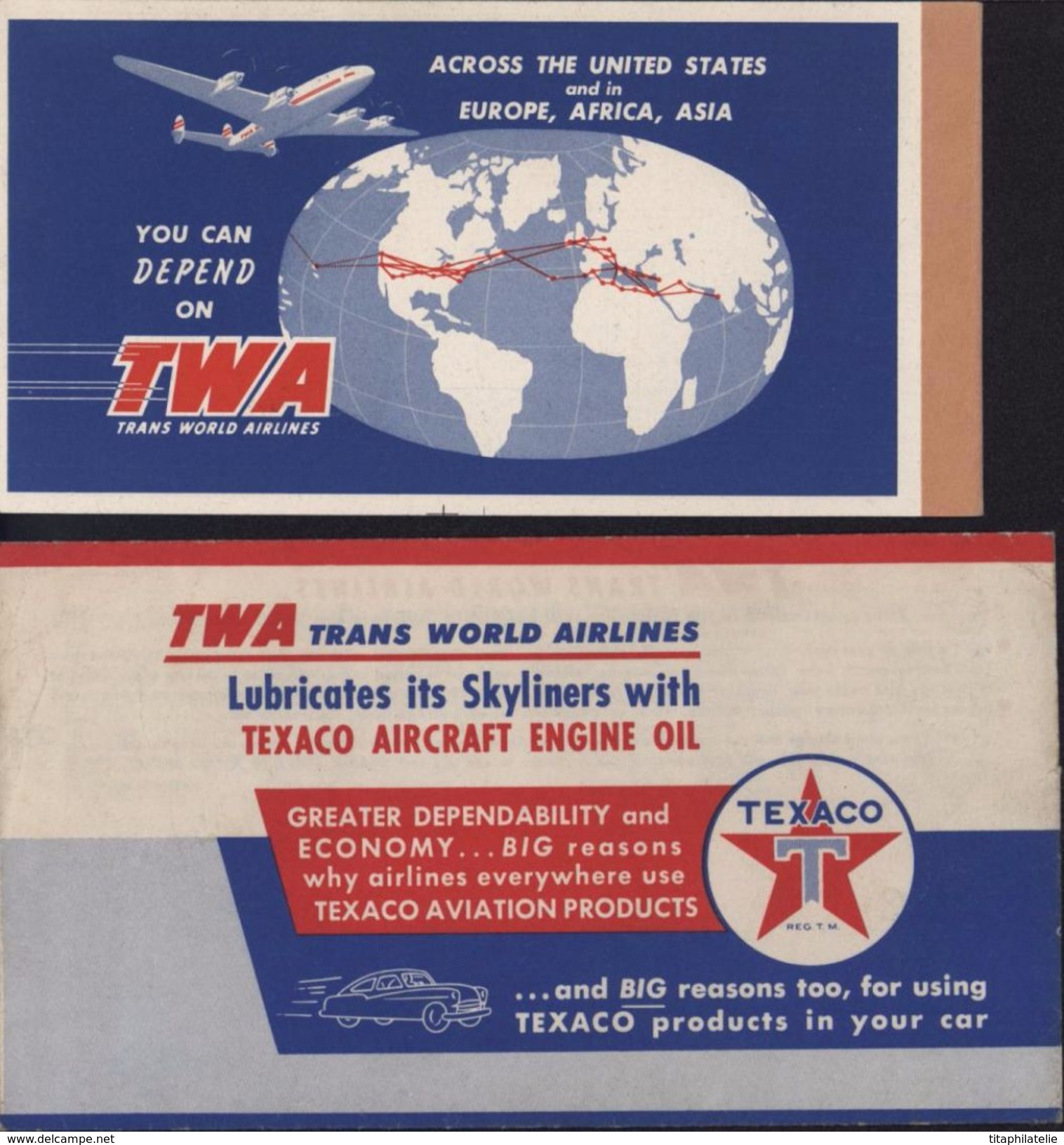 Billet Avion Embarquement Etats-Unis Pittsburg Oakland Via San Francisco Trans World Airlines TWA Flight + Pochette 1951 - Monde