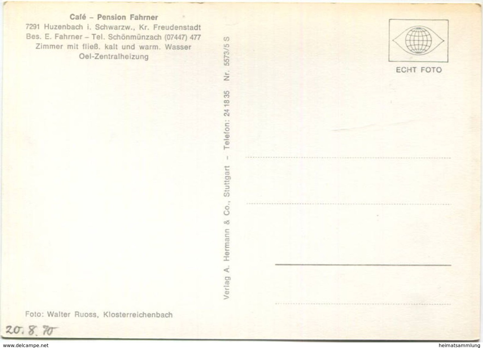 Huzenbach - Café Pension Fahrner - Foto-AK Großformat - Verlag A. Hermann & Co. Stuttgart (E21808) - Baiersbronn