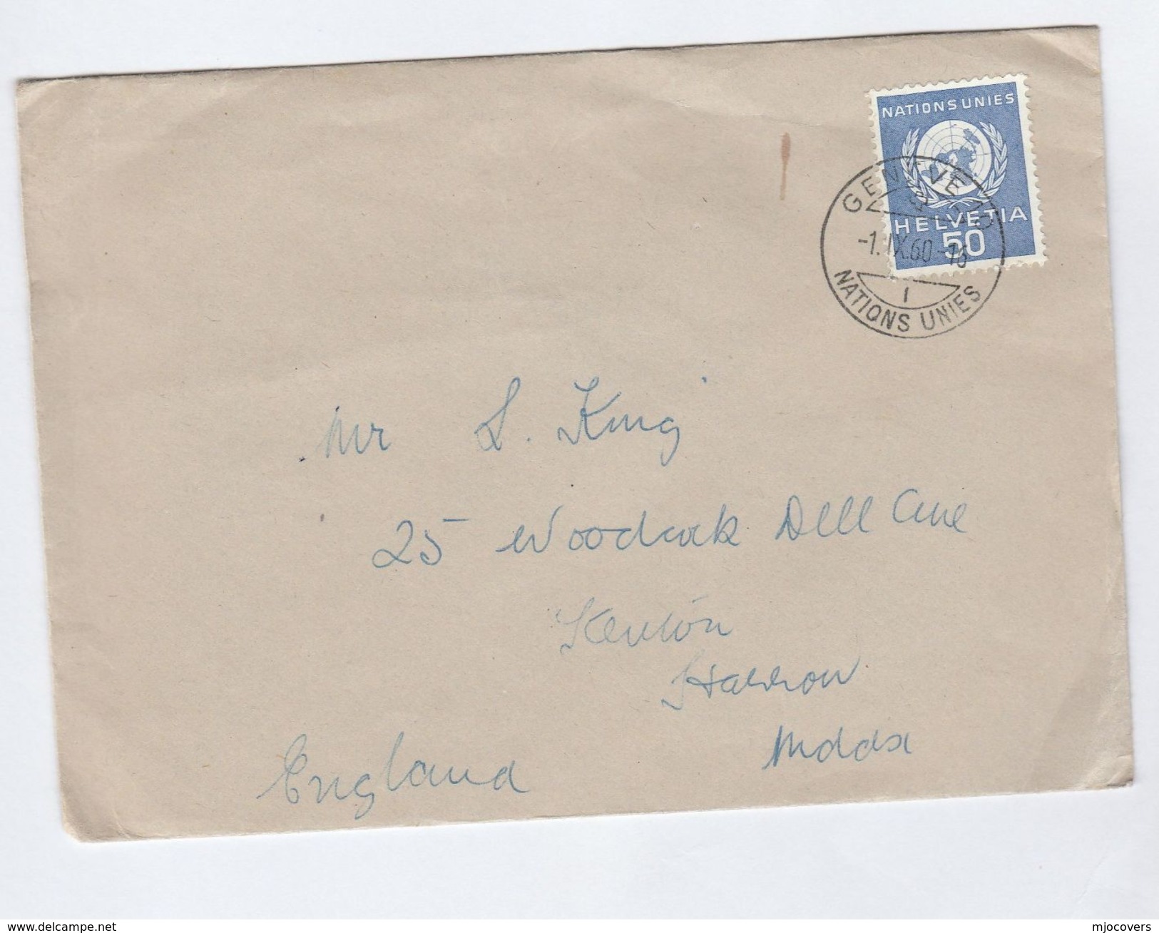 1960  UN GENEVE COVER 50c Stamps  United Nations Switzerland  To GB - Other & Unclassified