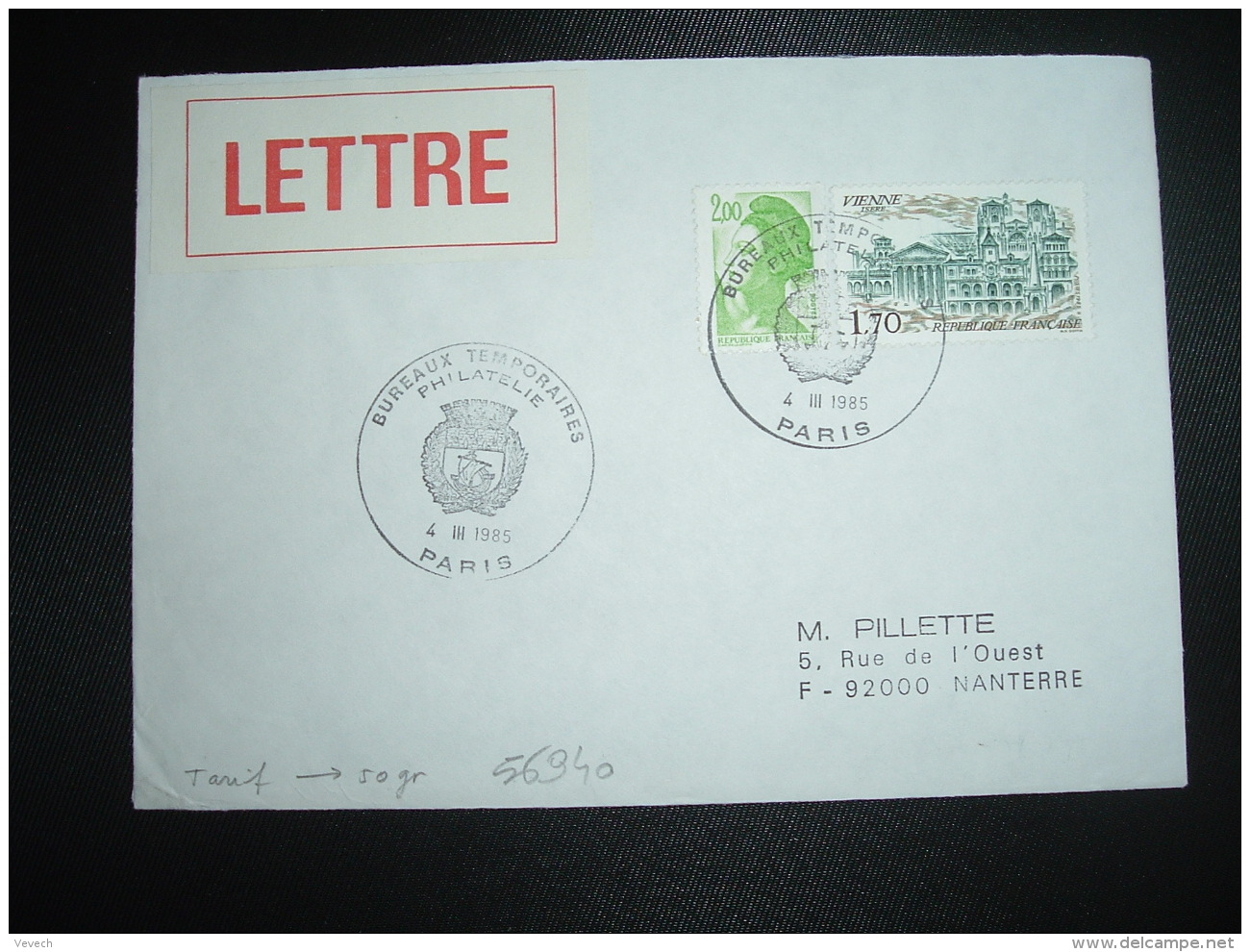 LETTRE TP LIBERTE DE GANDON 2,00 + VIENNE 1,70 OBL.4 III 1985 PARIS PHILATELIE + ETIQUETTE LETTRE - Postal Rates