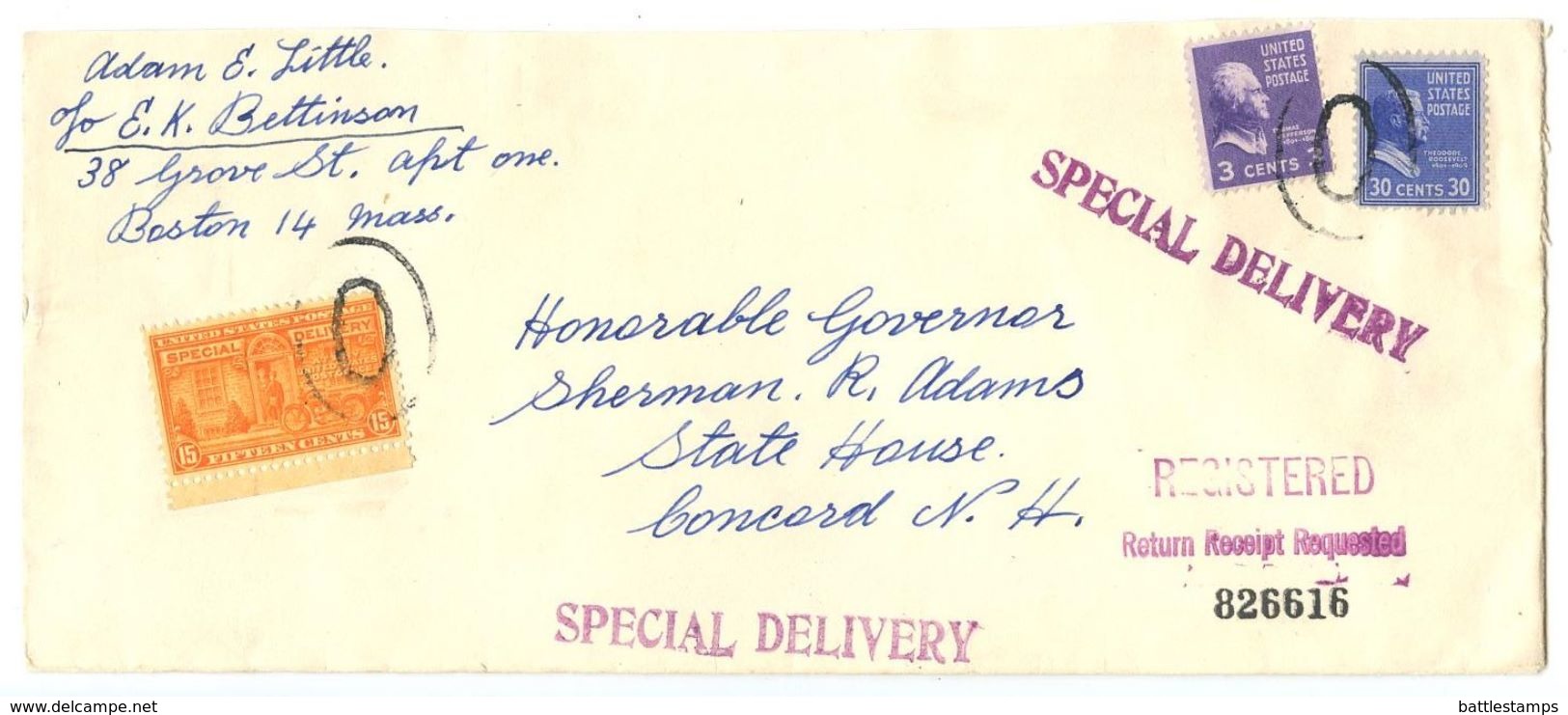 United States 1950 Registered Special Delivery Cover Boston MA, Scott 807, 830, E16 - Covers & Documents