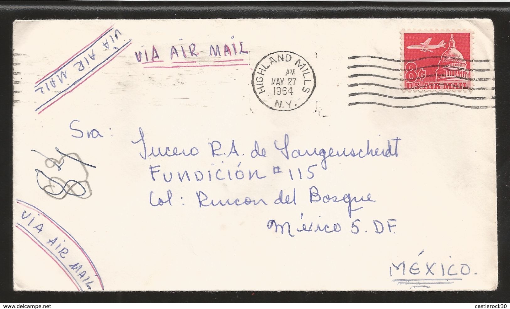 A) 1964 USA, RED STAMP,AIRPLANE, CAPITOL, AIRMAIL, CIRCULATED COVER FROM NEW YORK TO MEXICO DF. XF. - 3b. 1961-... Unused