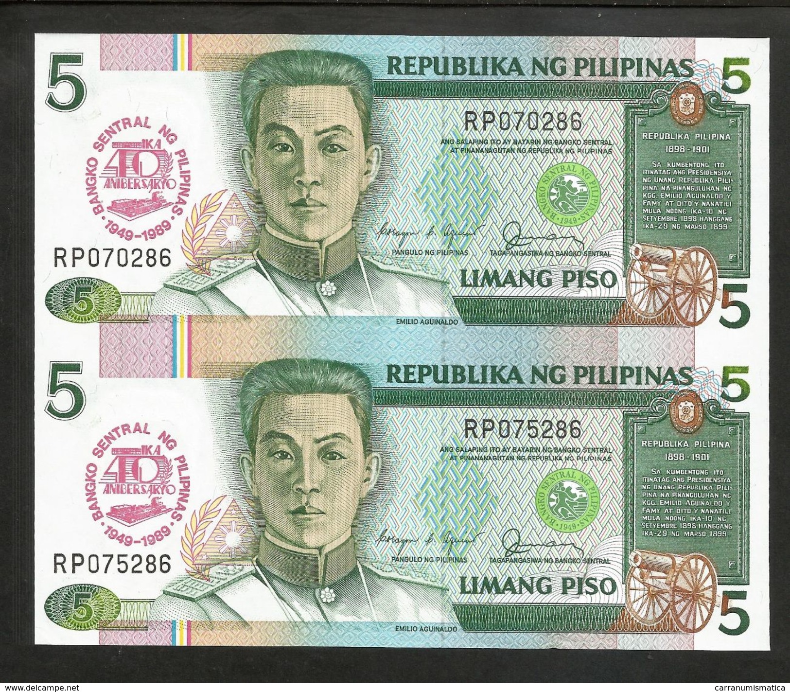 Uncut Banknotes - PHILIPPINES - 5 PISO (Central Bank Anniversary 1949 - 1989) With OVERPRINT - Filippine