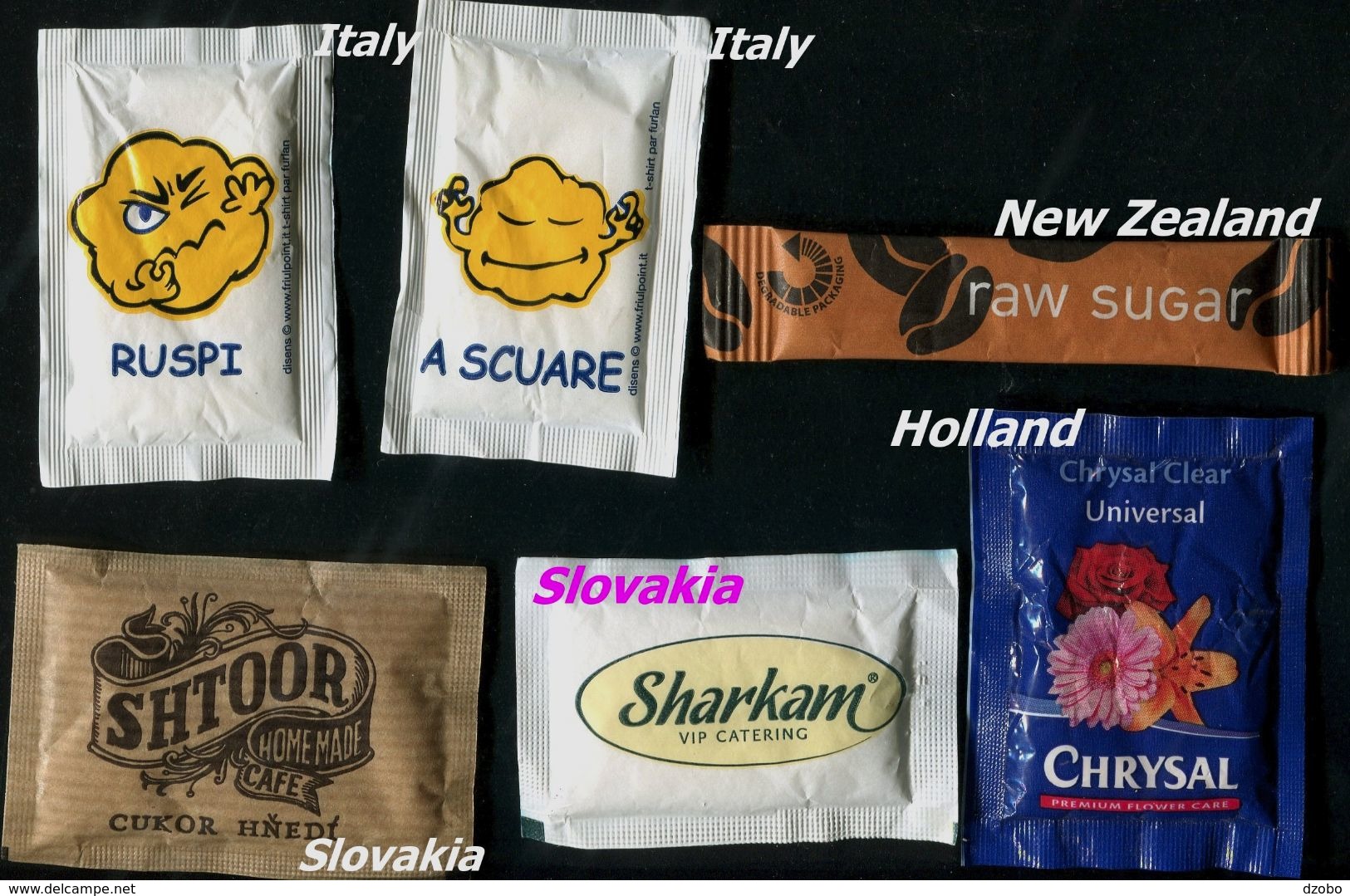 03 PARTIA-Lot MIX (New Zealand, Slovakia, Holland., Italy) Sugar-Zucker-Sucre-Azucar 6 Pcs Mint - Zucchero (bustine)