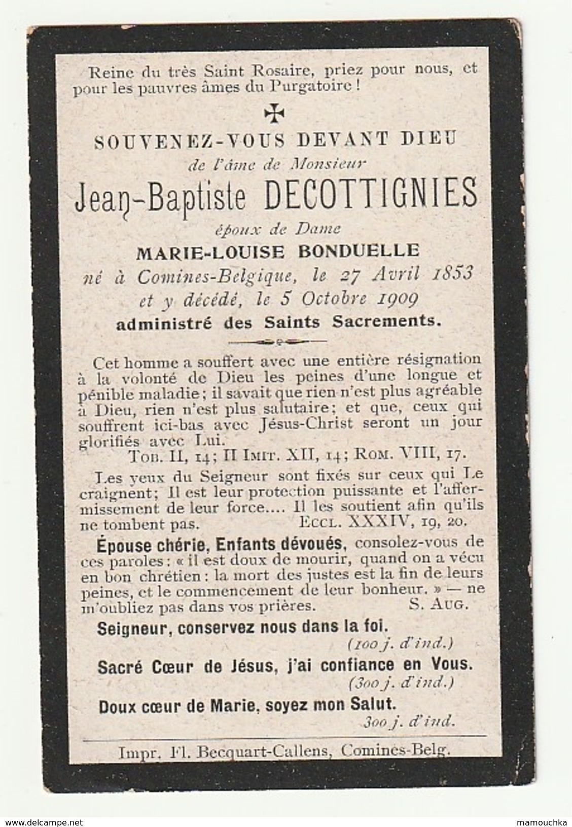 Décès Jean Baptiste DECOTTIGNIES époux Marie-Louise Bonduelle Comines Belgique 1853 - 1909 - Images Religieuses