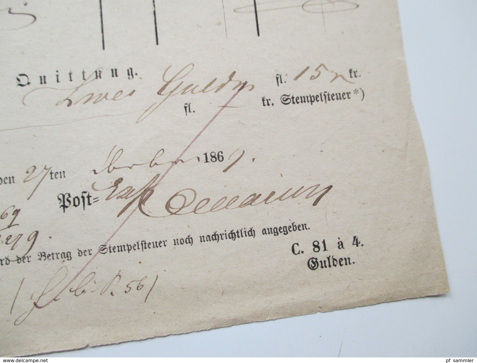 Altdeutschland Thurn und Taxis 1869 Quittung Abonnement einer Zeitung. Stempelsteuer. Fingerhutstempel K1 Schotten