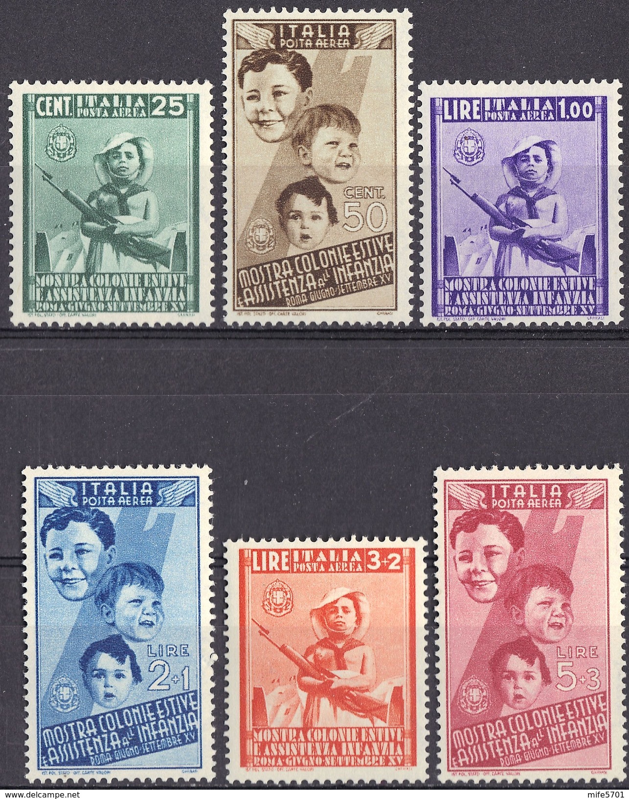 REGNO D'ITALIA POSTA AEREA 1937 - MOSTRA DELLE COLONIE ESTIVE E ASSISTENZA INFANZIA - SASSONE A100/105 - NUOVI ** MNH - Marcofilie (Luchtvaart)