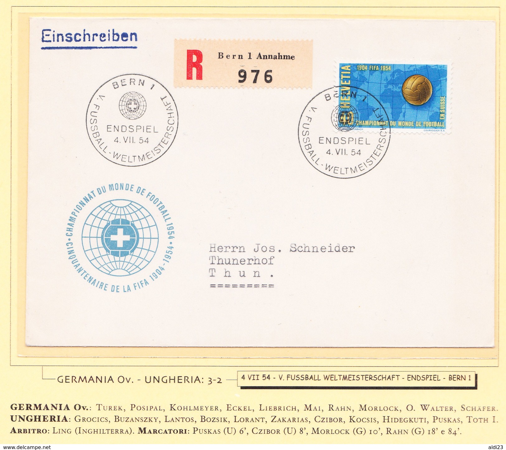 Register Cover Of World Cup Soccer Switzerland 1954. Beautiful Football Rare. - 1954 – Zwitserland