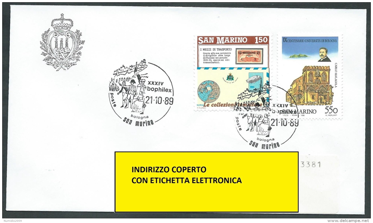 1989 SAN MARINO BUSTA SPECIALE BOLOGNA BOPHILEX TIMBRO ARRIVO - KS19 - FDC