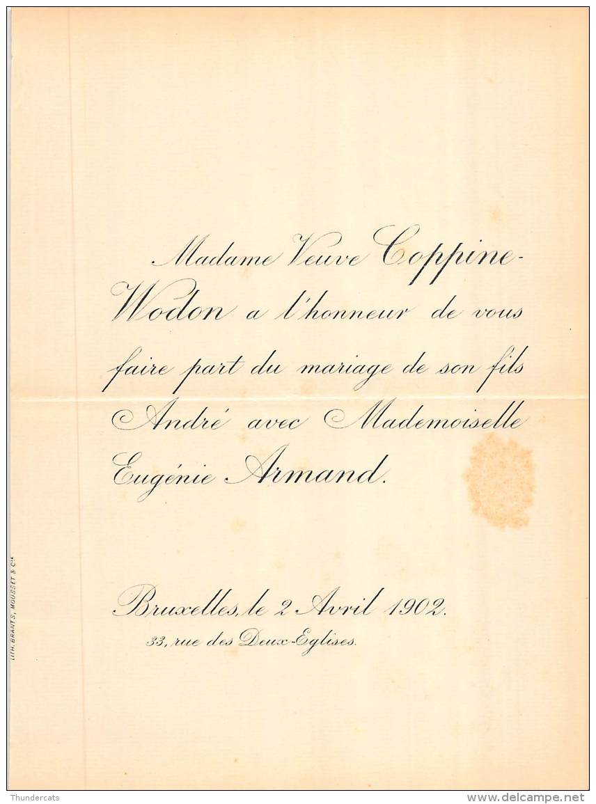 FAIRE PART MARIAGE VEUVE COPPINE WODON ANDRE EUGENIE ARMAND BRUXELLES 1902 - Boda