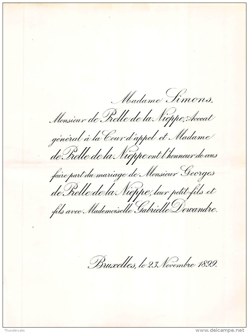 FAIRE PART MARIAGE SIMONS DE PRELLE DE LA NIEPPE AVOCAT GEORGES GABRIELLE DEWANDRE BRUXELLES 1899 - Mariage