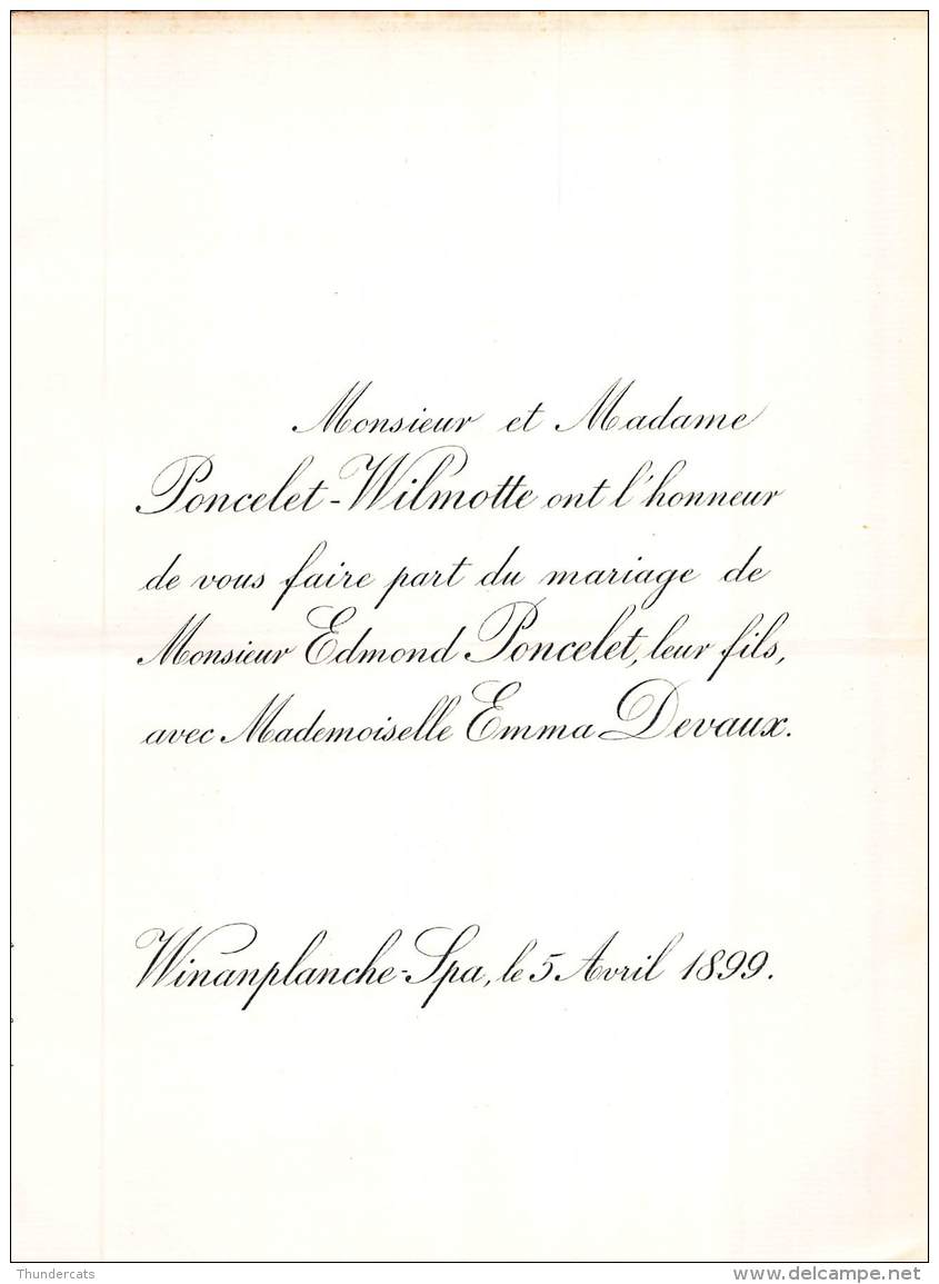 FAIRE PART MARIAGE PONCELET WILMOTTE EDMOND EMMA DEVAUX WINANPLANCHT SPA 1899 - Wedding