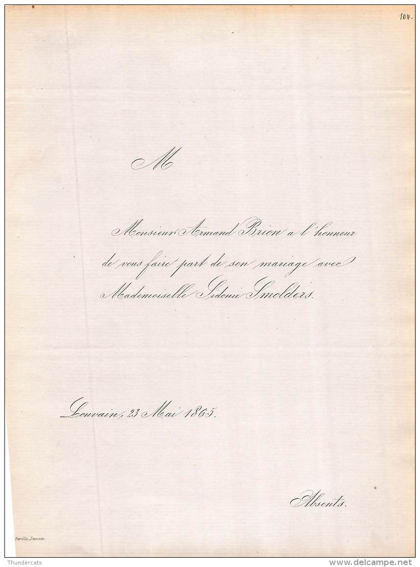 FAIRE PART MARIAGE ARMAND BRION SIDONIE SMOLDERS LOUVAIN 1865 - Mariage