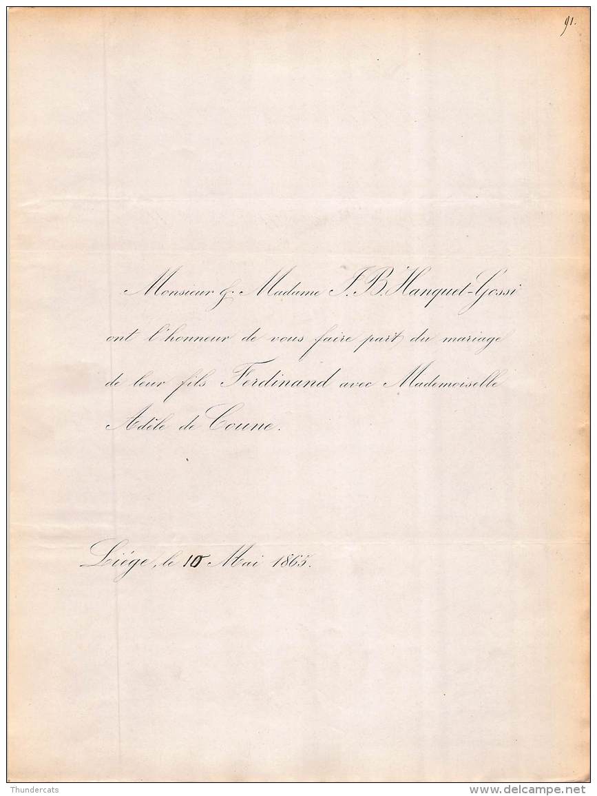 FAIRE PART MARIAGE HANQUET GOSSI FERDINAND ADELE DE COUNE LIEGE 1865 - Mariage