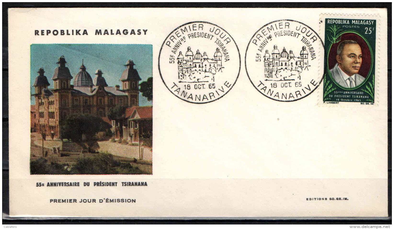 MADAGASCAR - 18.10.1965 - 55° ANNIVERSARIO DEL PRESIDENTE TSIRANANA - FIRST DAY COVER - PREMIER JOUR -TANANARIVE - Madagascar (1960-...)