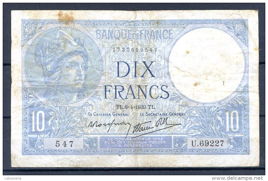 456-France Billet De 10 Francs 1939 TL U69277 - 10 F 1916-1942 ''Minerve''