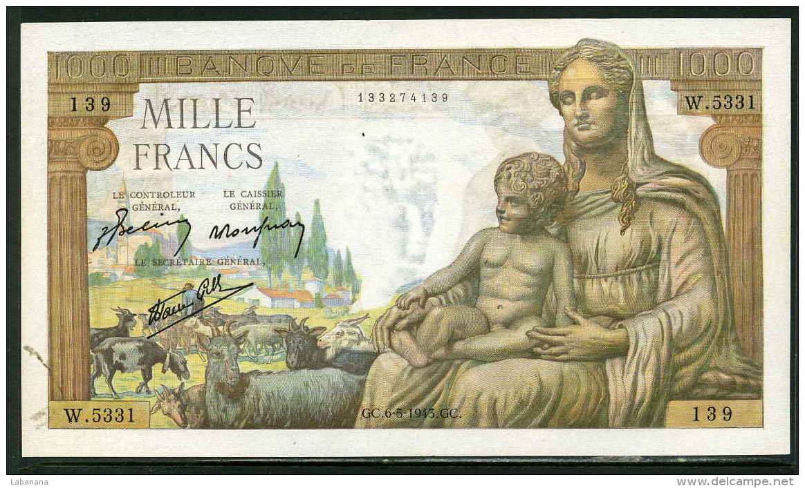 311-France Billet De 1000 Francs 1943 GC W5331 - 1 000 F 1942-1943 ''Déesse Déméter''