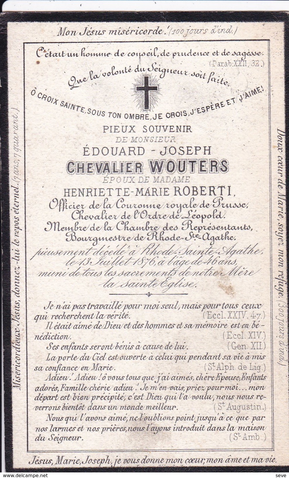 RHODE-STE-AGATHE Edouard Chevalier WOUTERS époux ROBERTI  46 Ans 1876 Burgemeester Député Doodsprentje DP - Décès