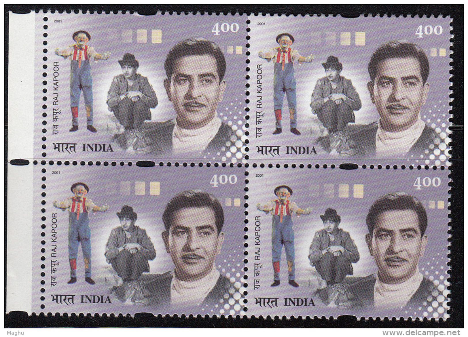 India MNH 2001, Block Of 4,  Raj Kapoor, Film Actor, Director, Cinema, Circus Joker, Mask, Costume, - Blocks & Kleinbögen